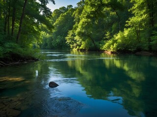 Obraz premium In the Heart of a Dense Forest, a Quiet River Winds Through the Trees, Mirroring the Expansive Sky Above, Offering a Tranquil Scene of Harmony Between Water, Trees, and the Open Horizon