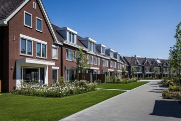 Row of modern brick houses with landscaped gardens and paved pathway.