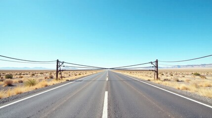 Empty asphalt road stretching to the horizon under a clear blue sky, bisected by utility lines on weathered poles in a dry, sparsely vegetated landscape.
