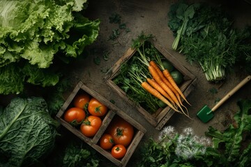 Fresh organic vegetables in wooden crates.