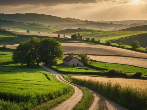 A Peaceful Countryside Scene Unfolds with a Winding Dirt Road Leading Through Rolling Hills, While a Charming Farmhouse Appears in the Distance, Capturing the Essence of Rural Tranquility and Simplici