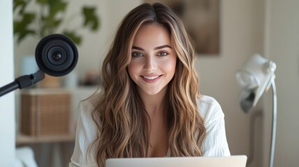Smiling influencer filming makeup tutorial in cozy bedroom.