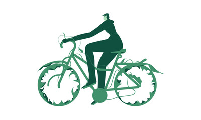 Obraz premium A modern young woman rides a bicycle made of leaves. The concept of environmentally friendly transport. Colored vector flat illustration isolated on white background.