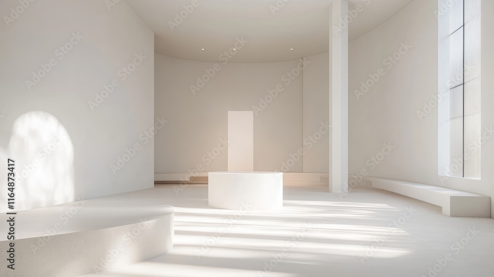 Poster a white studio room featuring a simple white podium, lit with soft, diffused white light, creating a