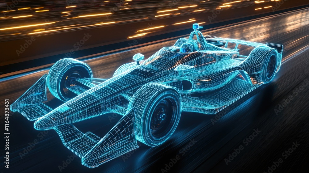 Aufkleber a wireframe hologram of an indy car in motion, illuminated with blue lights on the racetrack, highli