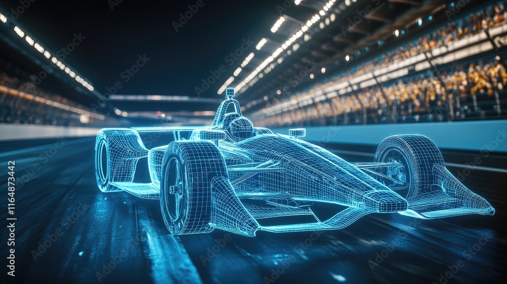 Poster a wireframe hologram of an indy car in motion, illuminated with blue lights on the racetrack, highli