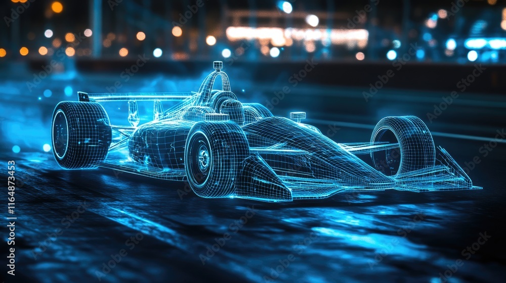Aufkleber a wireframe hologram of an indy car in motion, illuminated with blue lights on the racetrack, highli