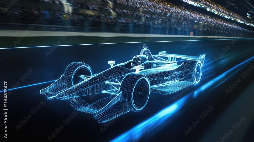 Poster a wireframe hologram of an indy car in motion, illuminated with blue lights on the racetrack, highli