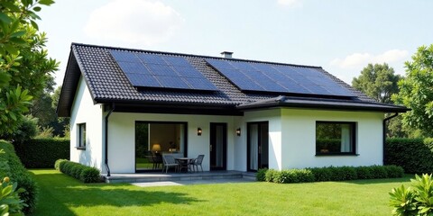 Modern Eco-Friendly House with Solar Panels and Lush Landscaping