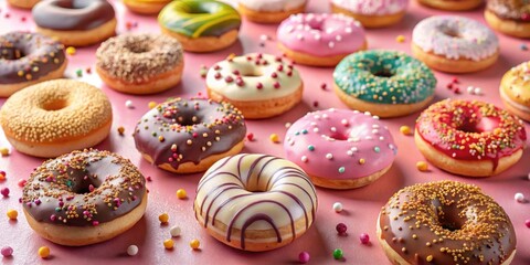 A Colorful Assortment of Glazed Donuts Decorated with Sprinkles on a Pink Surface