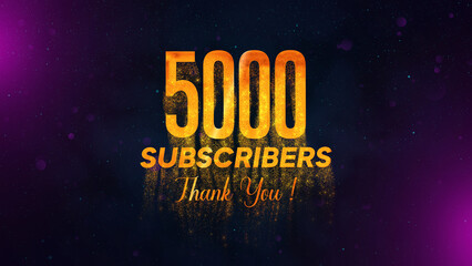5000 Subscribers Thank You with golden text, falling particles, and stars, against a dark, hazy background with blue and purple hues.