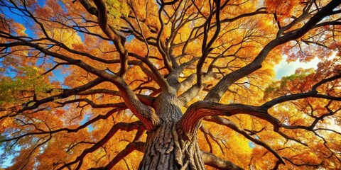 Majestic Autumn Tree A Low Angle View of Golden Canopy and Ancient Branches