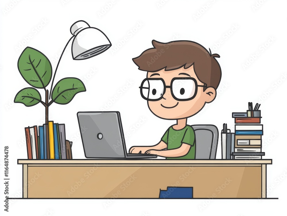 Poster cartoon character working at desk with laptop and books in vector style