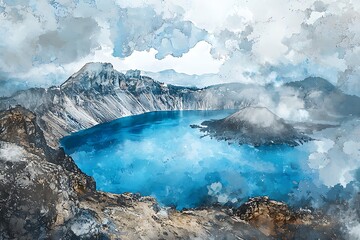 A Stunning Watercolor-Style Landscape of Crater Lake in a Volcanic Mountain Range.