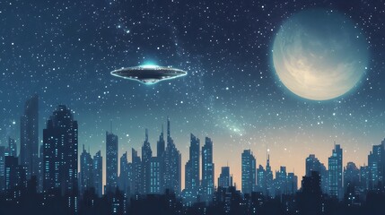 Naklejka premium Futuristic Cityscape Underneath Alien Spaceship And Moon