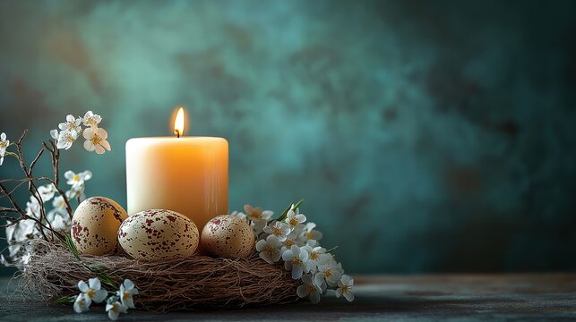 Candles illuminating Easter celebrations with decorated eggs and blossoms at a church service