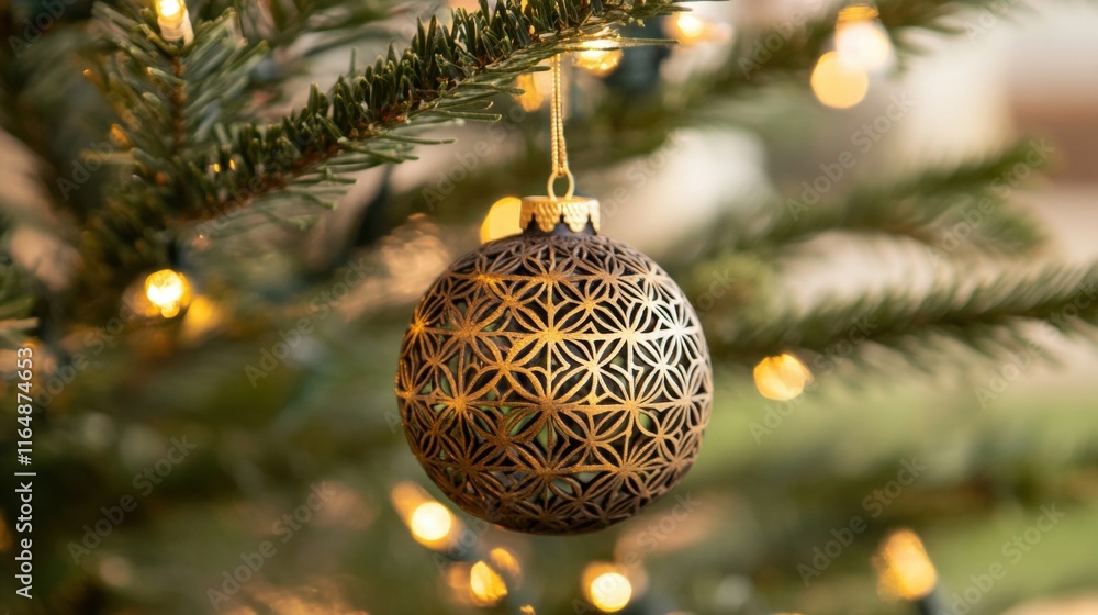 Poster delicate ornament showcases intricate design, adding charm to a festive tree adorned with twinkling 