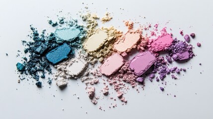Fototapeta premium Broken eyeshadow powders in an array of pastel and vivid shades, artfully arranged in a top-down composition on a flawless white surface