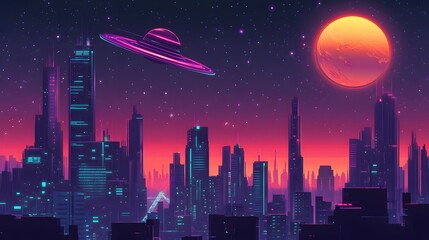 Naklejka premium Futuristic Cityscape Underneath a Vibrant Night Sky