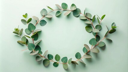 Circular Greenery Frame Elegant Sprigs Arranged in a Perfect Circle on a Pale Green Background for Invitation Design or Botanical Illustration.
