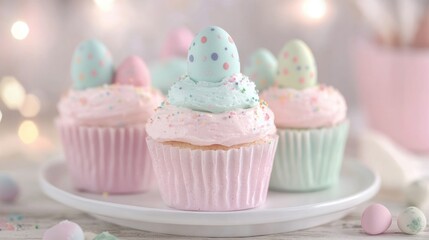 Appetizing pastel frosted cupcakes topped with vibrant Easter eggs create a cheerful dessert display for spring festivities