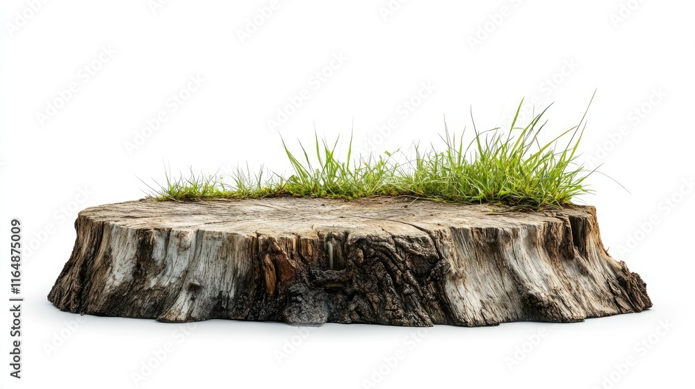 Poster Close-up of a side view of a weathered tree stump with grassy growth, isolated on a simple white backdrop, showcasing the texture
