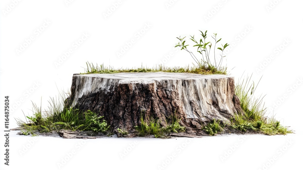 Poster Close-up of a side view of a weathered tree stump with grassy growth, isolated on a simple white backdrop, showcasing the texture