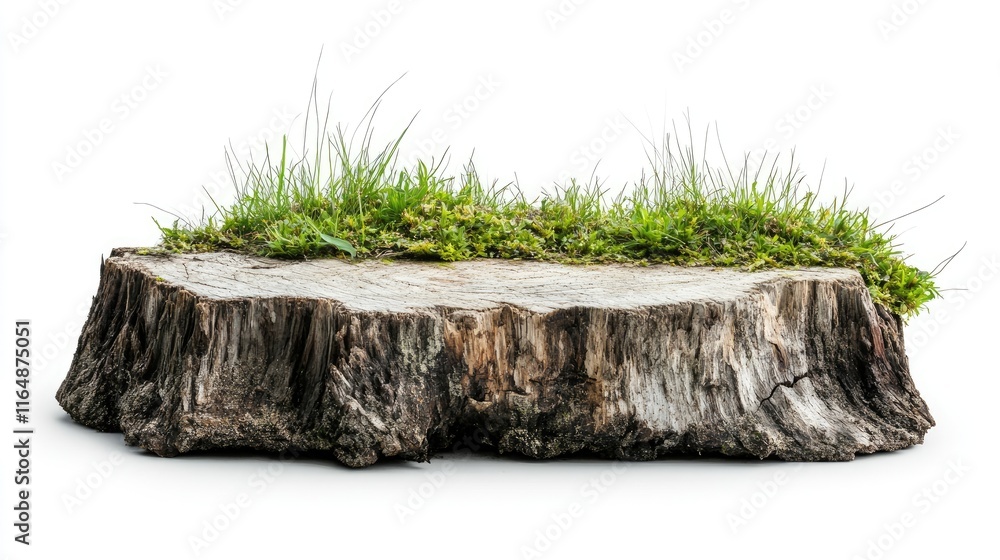 Poster Close-up of a side view of a weathered tree stump with grassy growth, isolated on a simple white backdrop, showcasing the texture