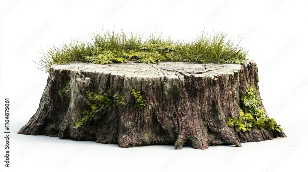 Poster Close-up of a side view of a weathered tree stump with grassy growth, isolated on a simple white backdrop, showcasing the texture