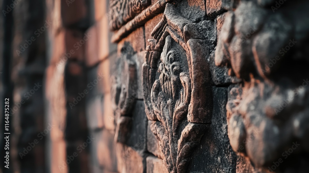 Aufkleber close-up of an aged red brick wall with intricate detailing and soft lighting, emphasizing the textu
