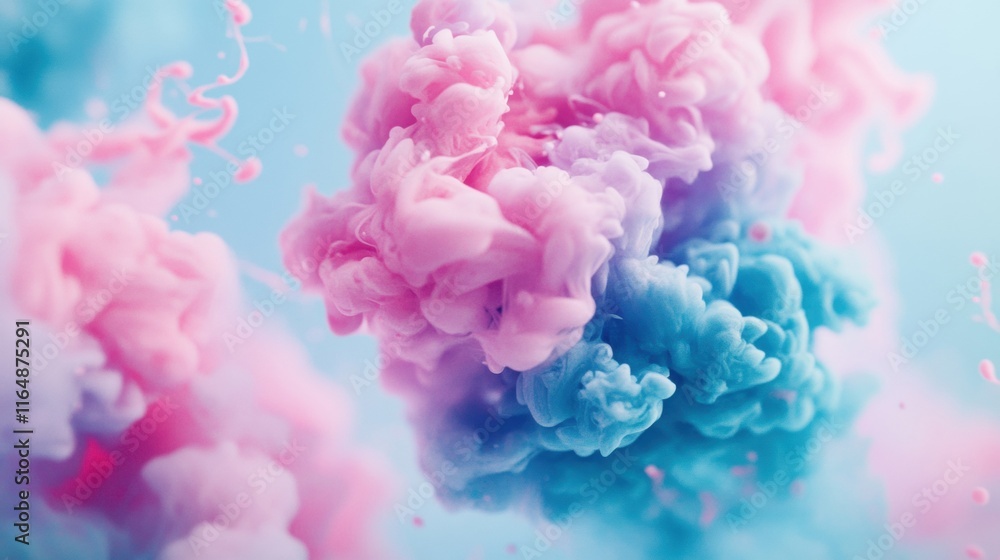 Poster colorful pink and blue ink clouds blend and swirl in water, creating mesmerizing shapes and textures