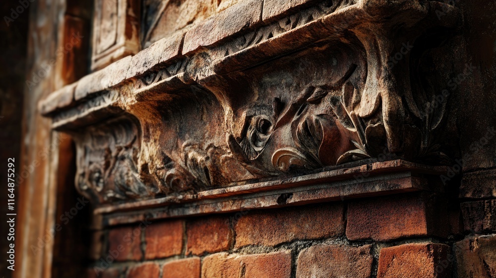Poster Close-up of an aged red brick wall with intricate detailing and soft lighting, emphasizing the texture and historical feel of the wall's surface