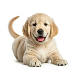 Fototapeta premium golden retriever puppy lying down on white background looking up with tongue out