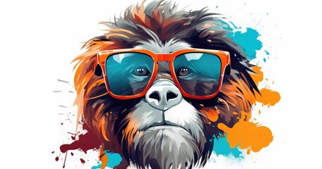 A stylized illustration of a monkey wearing large sunglasses with vibrant splashes of color.