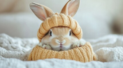 The rabbit wearing a hat showing two teeth is very cute