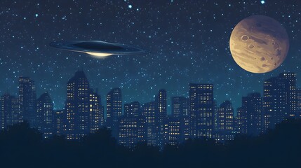 Night Cityscape Underneath a Starry Sky with Spaceship and Planet