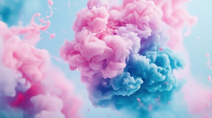 Fototapeta premium Colorful pink and blue ink clouds blend and swirl in water, creating mesmerizing shapes and textures in a tranquil setting