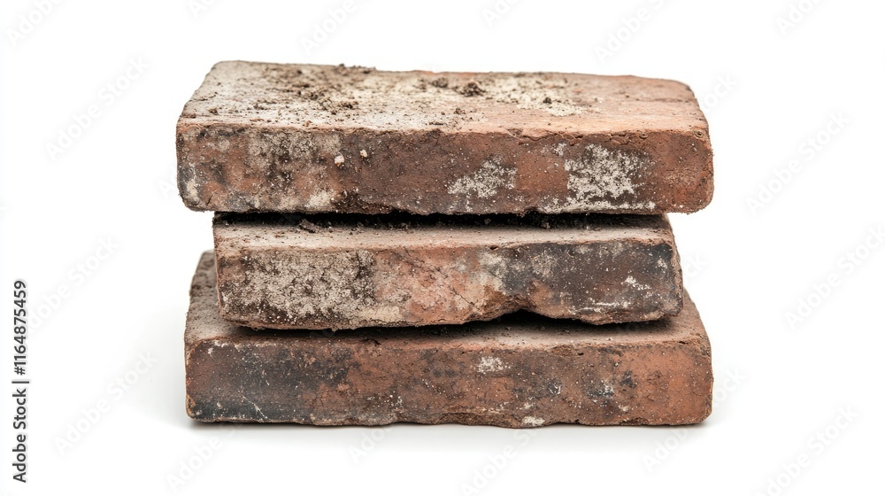 Poster close-up of bricks covered in dirt and grit, stacked irregularly with noticeable imperfections, isol
