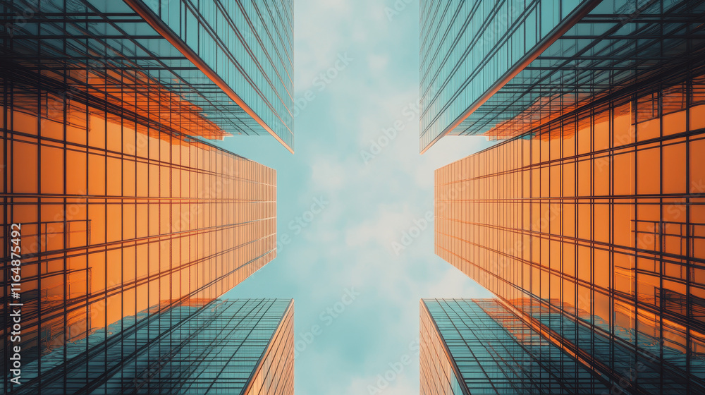 Poster a sleek glass skyscraper with symmetrical windows, reflecting the sky and adding depth to its archit