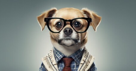 A dog wearing glasses and a suit, portraying a humorous, intellectual character.