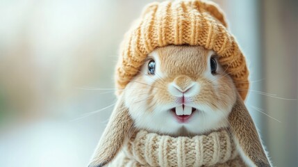Fototapeta premium The rabbit wearing a hat showing two teeth is very cute