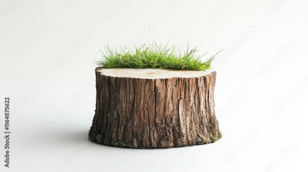 Aufkleber Close-up side view of a tree stump with grassy details at the base, emphasizing texture, set against a minimalist white background