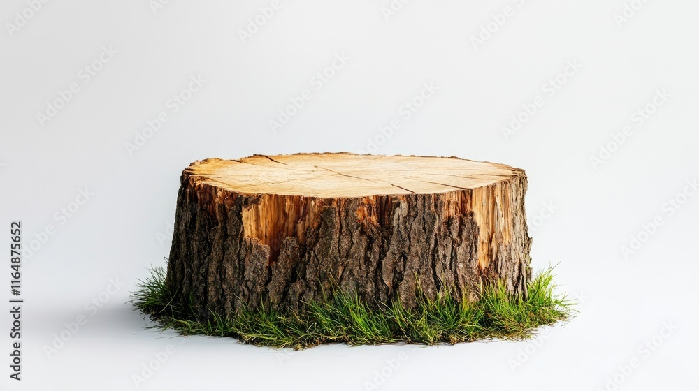 Poster Close-up side view of a tree stump with grassy details at the base, emphasizing texture, set against a minimalist white background