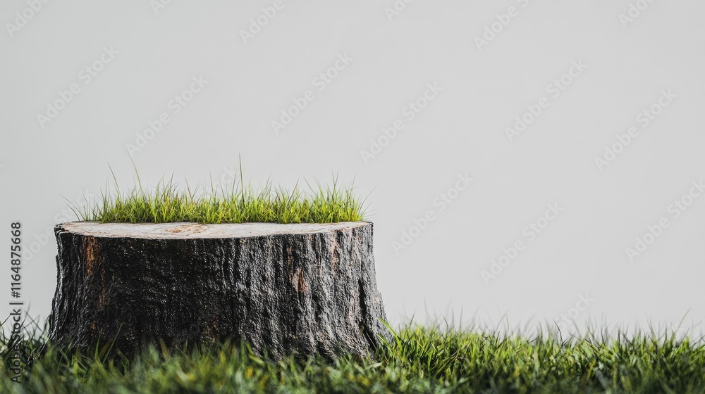Poster Close-up side view of a tree stump with grassy details at the base, emphasizing texture, set against a minimalist white background