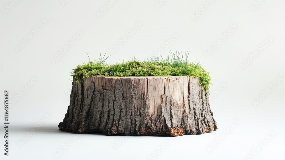 Poster Close-up side view of a tree stump with grassy details at the base, emphasizing texture, set against a minimalist white background