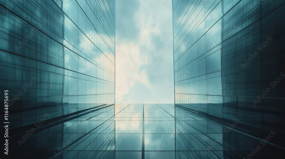 Poster a sleek glass skyscraper with symmetrical windows, reflecting the sky and adding depth to its archit