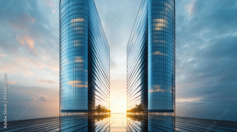 Poster a sleek glass skyscraper with symmetrical windows, reflecting the sky and adding depth to its archit