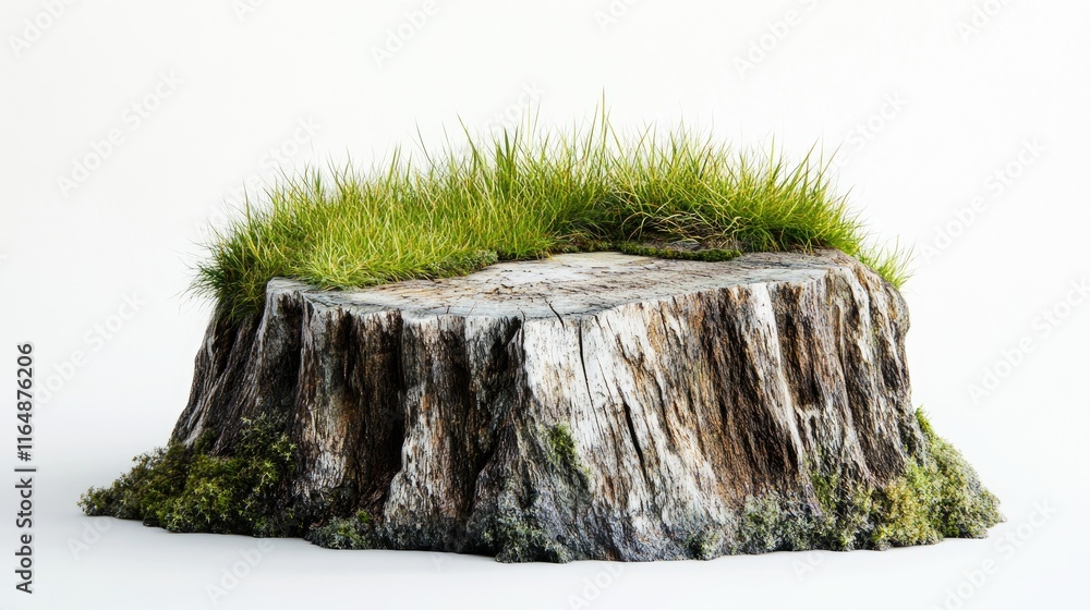 Poster detailed side view of a weathered wooden stump with grass growing around it, emphasizing its texture