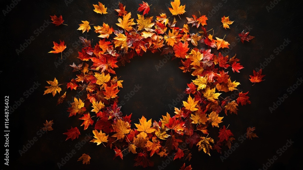 Poster fall leaves in rich autumn colors, arranged in a perfect circle and surrounded by subtle golden ligh