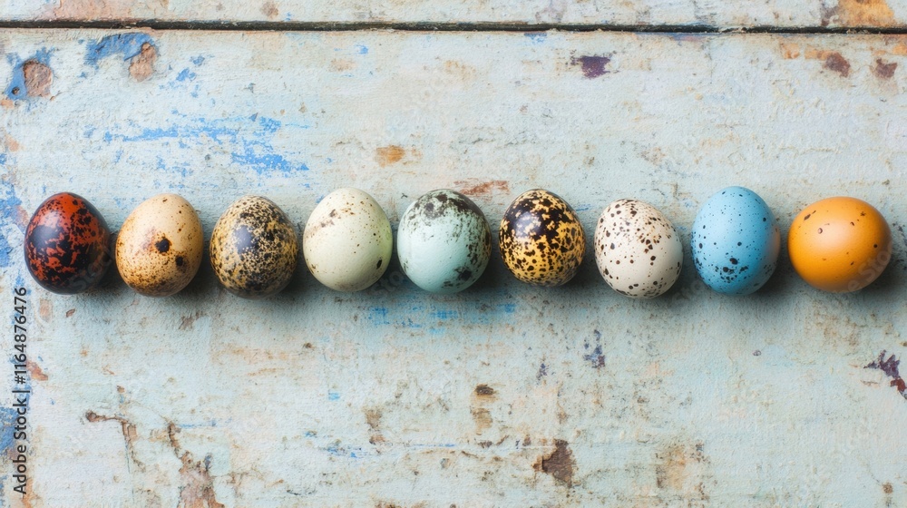 Poster quail eggs are arranged in a neat line on a weathered wooden table, showcasing a variety of colors a